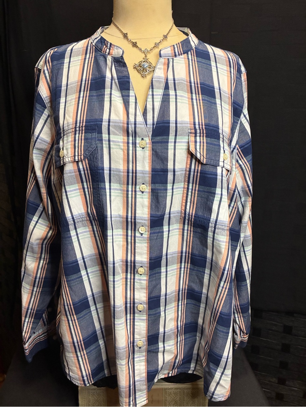 St. John's Bay Navy, White and Peach Plaid Button-Front Shirt